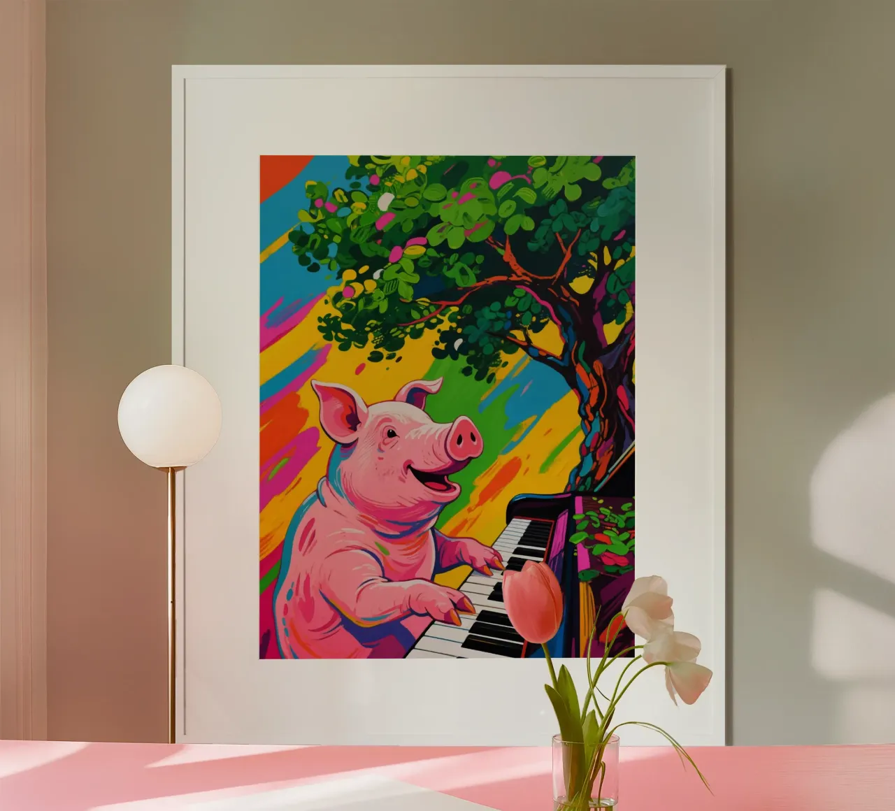 maiale che suona il piano sotto l'albero poster da knowledge