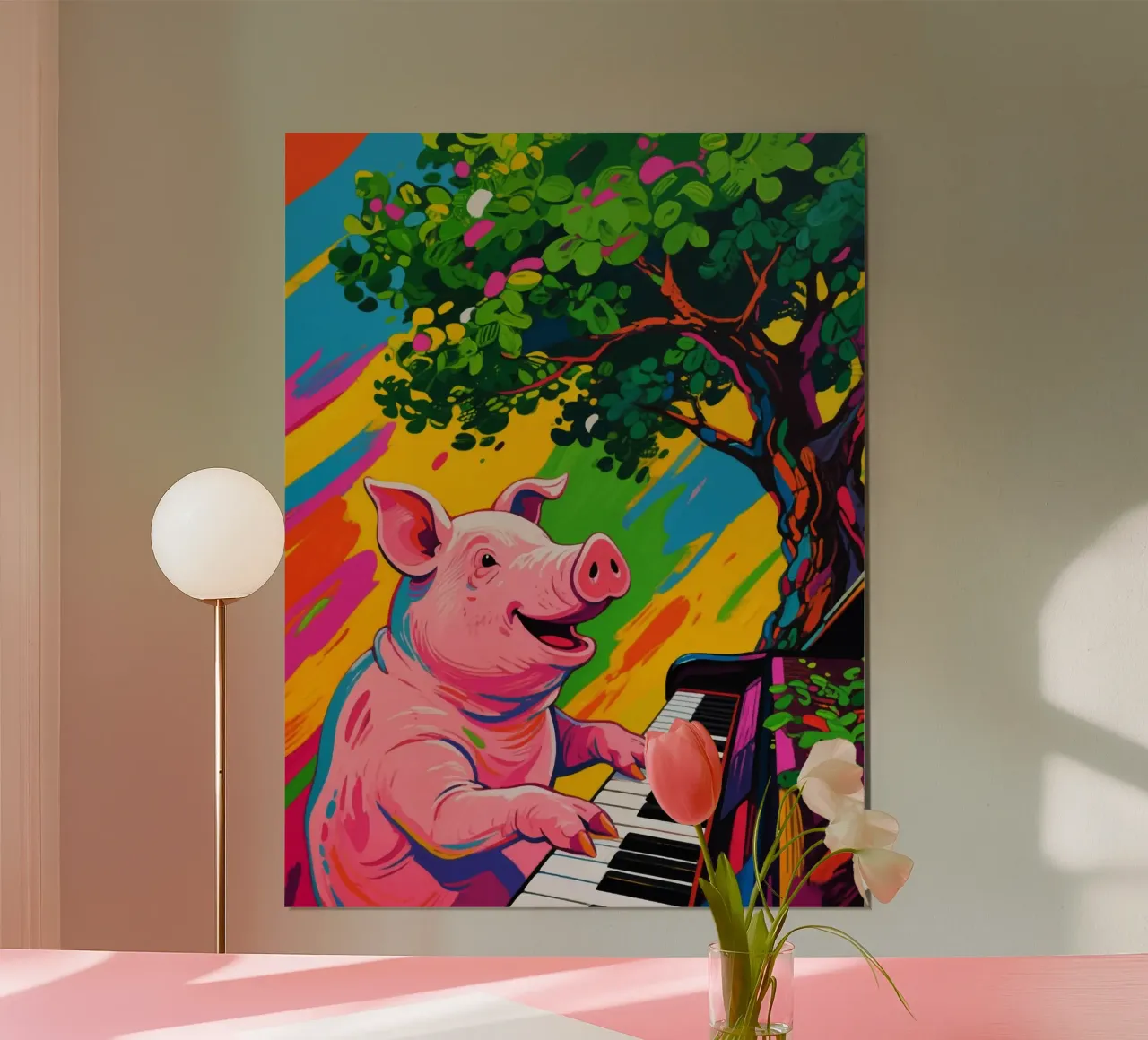 maiale che suona il piano sotto l'albero poster da knowledge