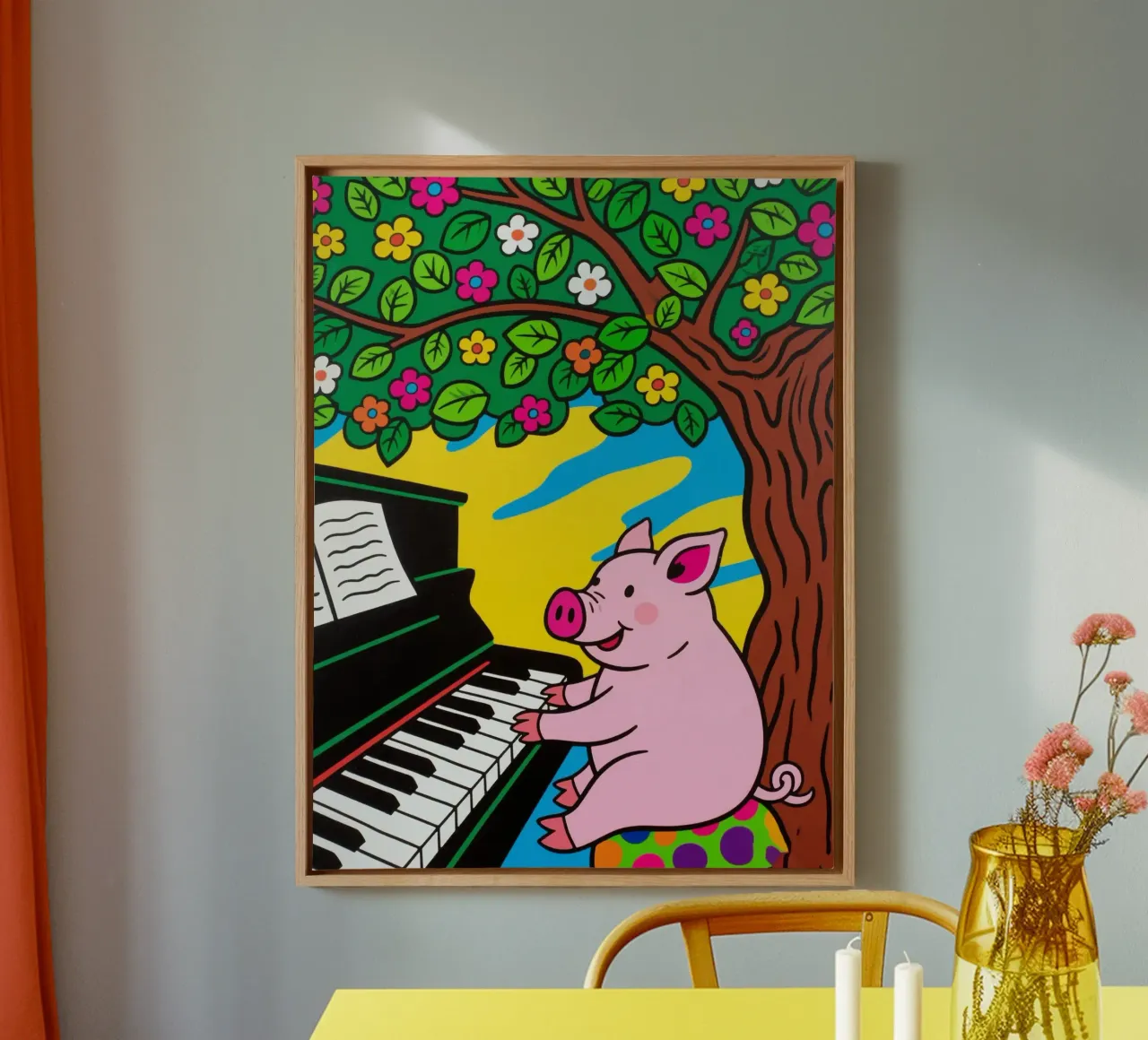 Süßes Schwein spielt Klavier unter dem Baum Leinwand mit Schattenfugenrahmen von knowledge
