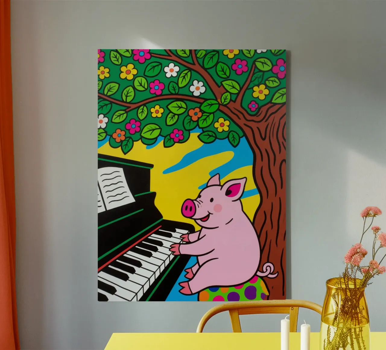 Süßes Schwein spielt Klavier unter dem Baum Leinwand mit Schattenfugenrahmen von knowledge