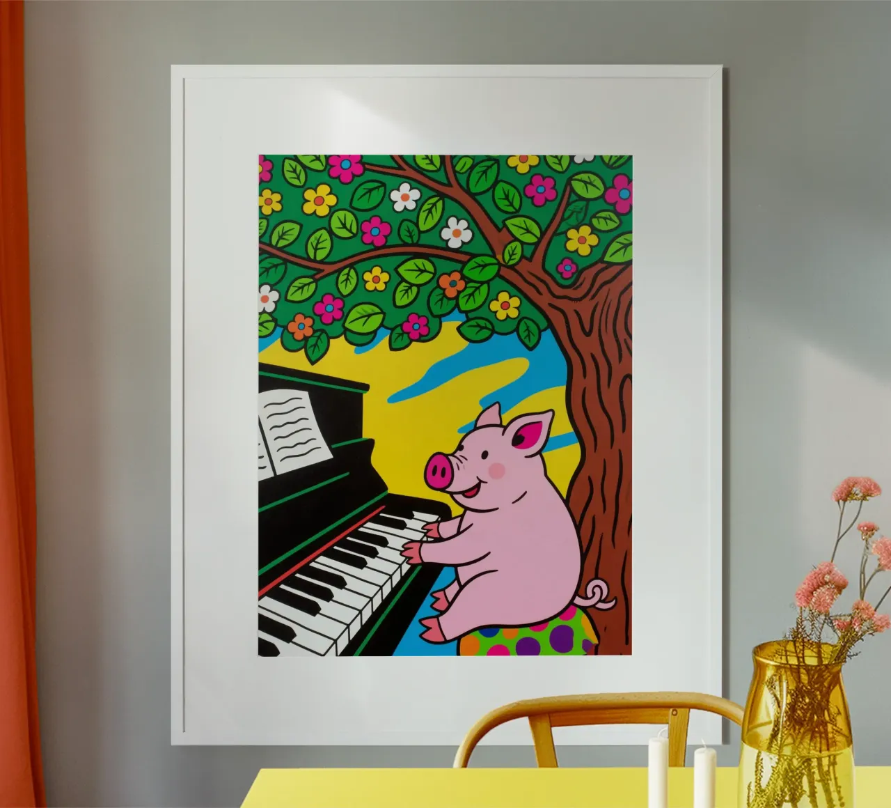 simpatico maiale che suona il pianoforte sotto l'albero poster da knowledge