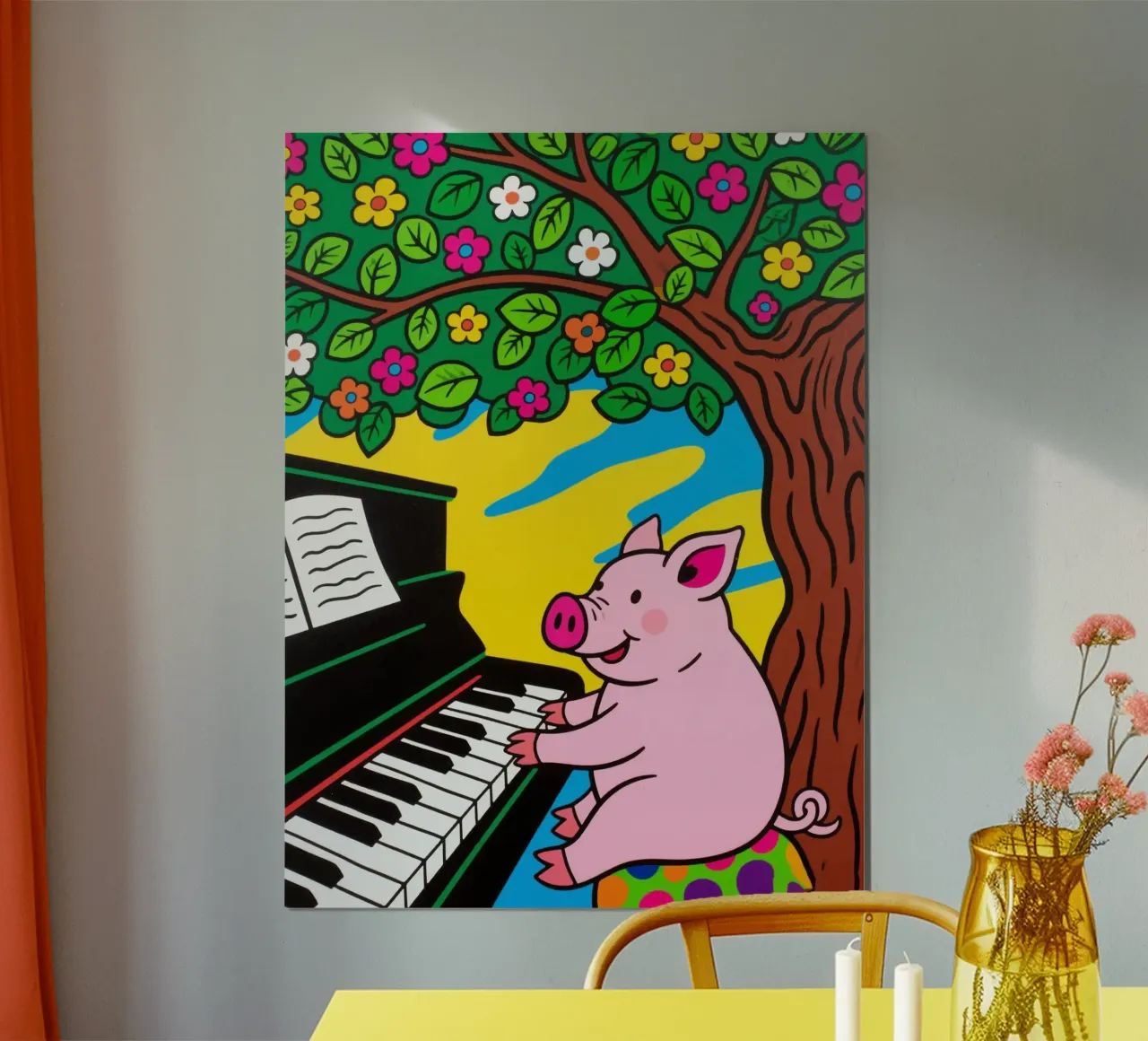 simpatico maiale che suona il pianoforte sotto l'albero poster da knowledge