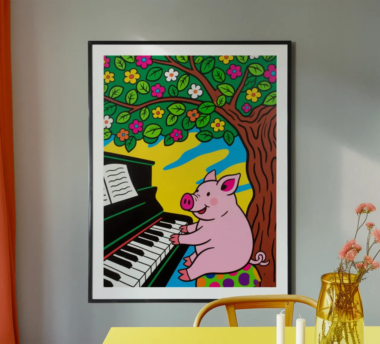 simpatico maiale che suona il pianoforte sotto l'albero poster da knowledge