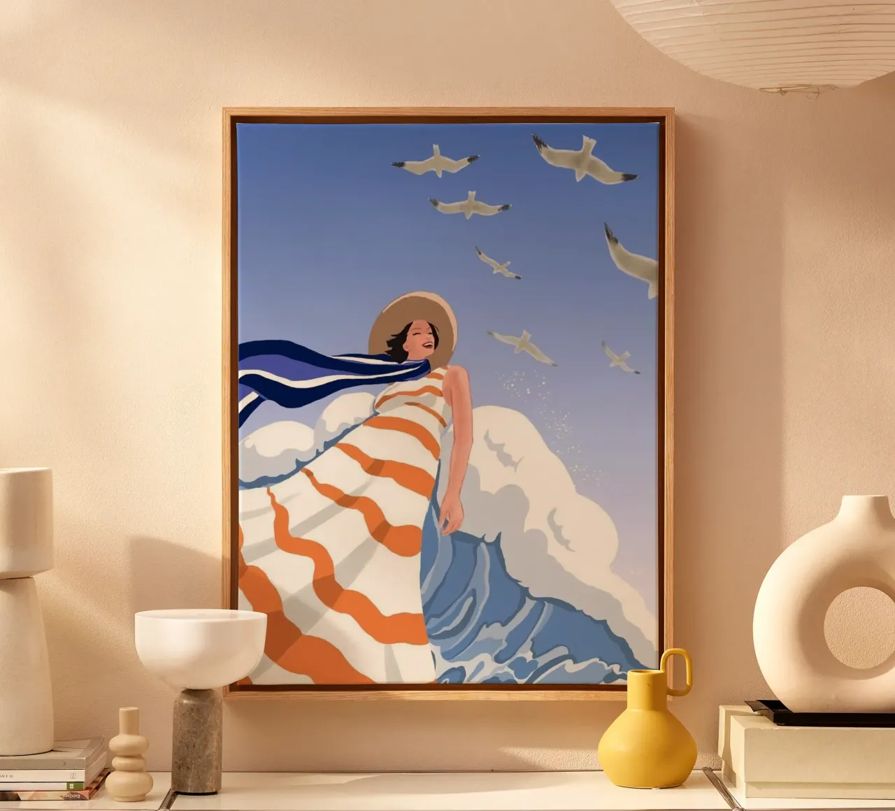girl in wave ocean with bird lienzo con Marco flotante de huminity