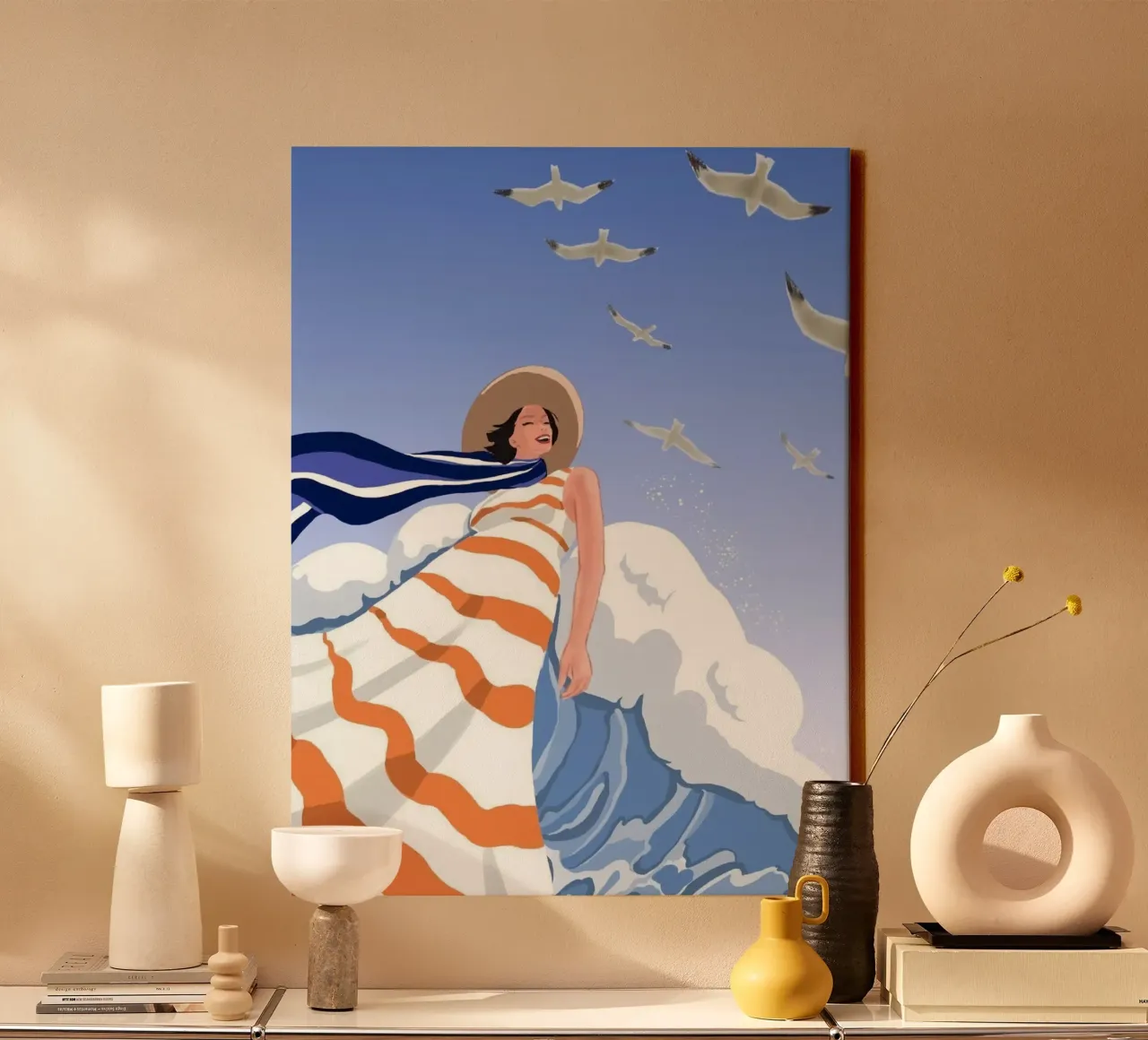 girl in wave ocean with bird lienzo con Marco flotante de huminity