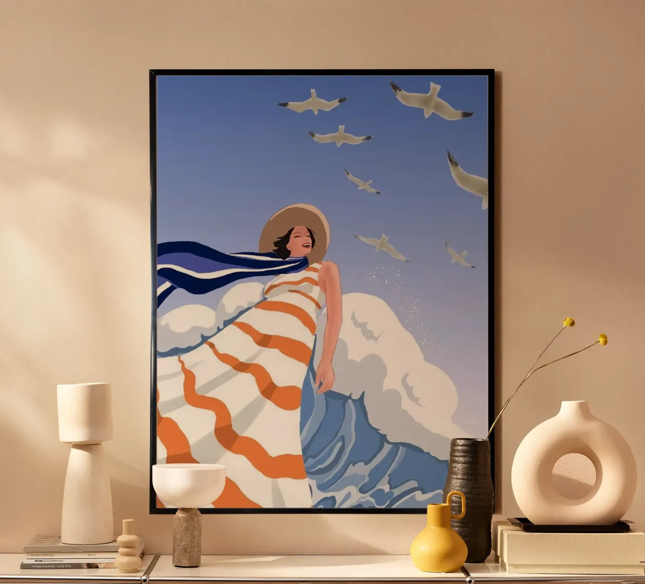 girl in wave ocean with bird poster con telaio in alluminio da huminity