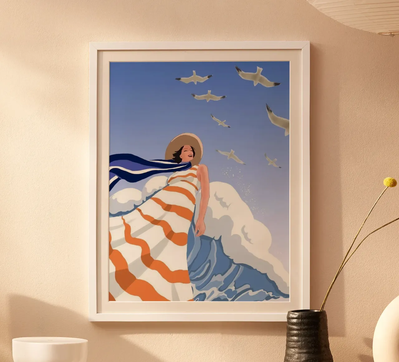 girl in wave ocean with bird poster con telaio in alluminio da huminity