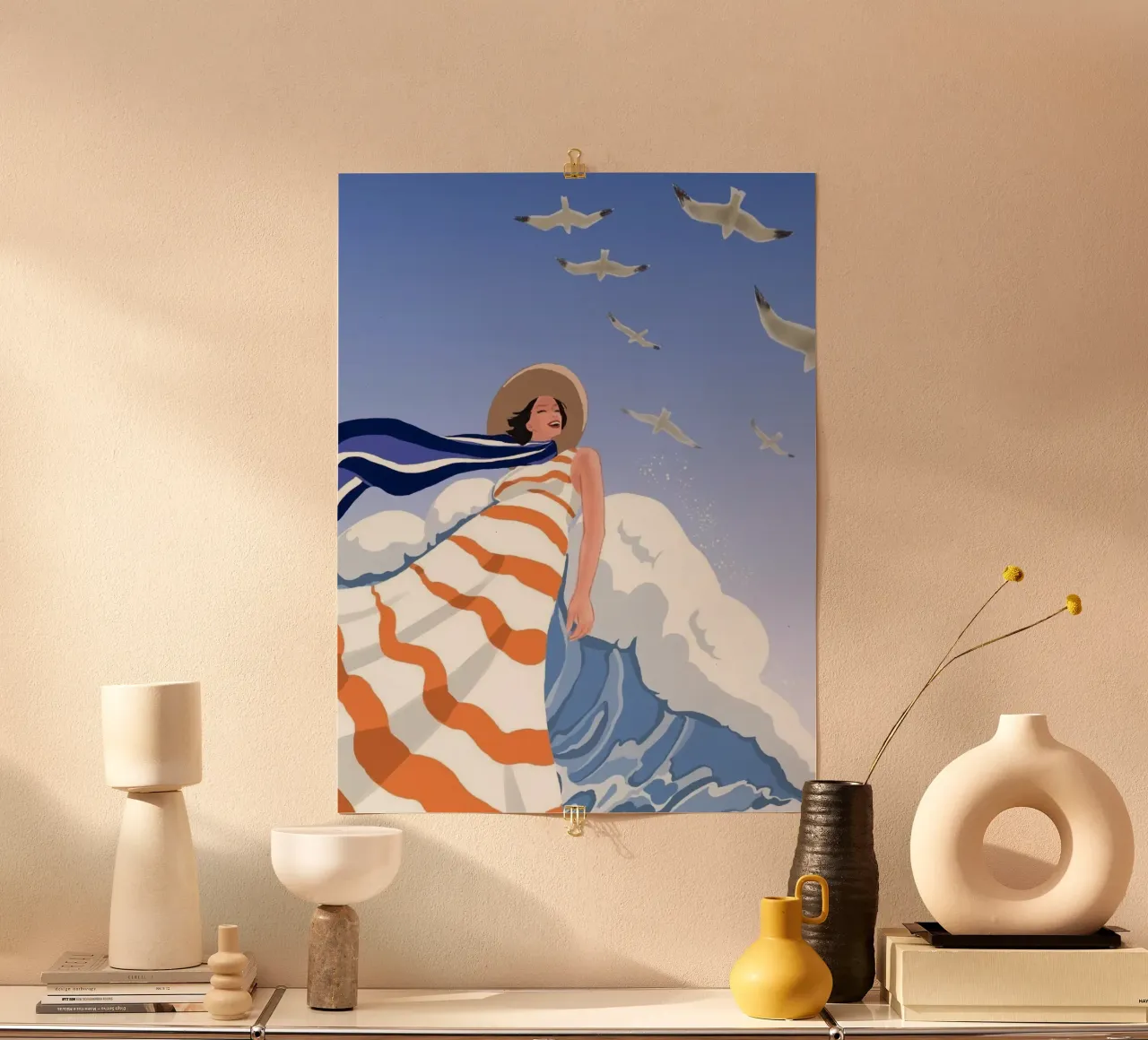 girl in wave ocean with bird poster con telaio in alluminio da huminity