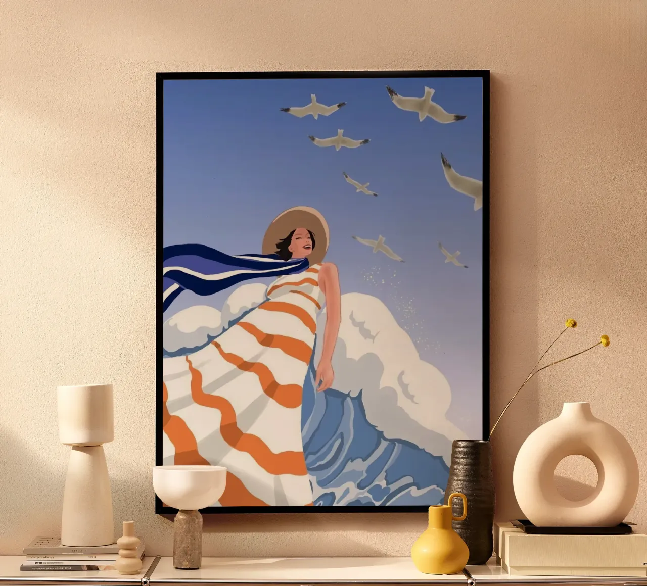 girl in wave ocean with bird poster con telaio in alluminio da huminity