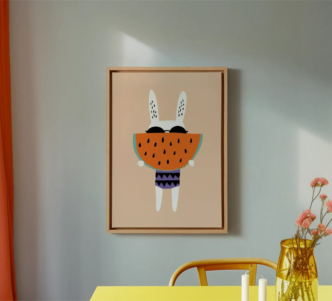 rabbit with piece of watermelon canvas met Baklijst van firmana
