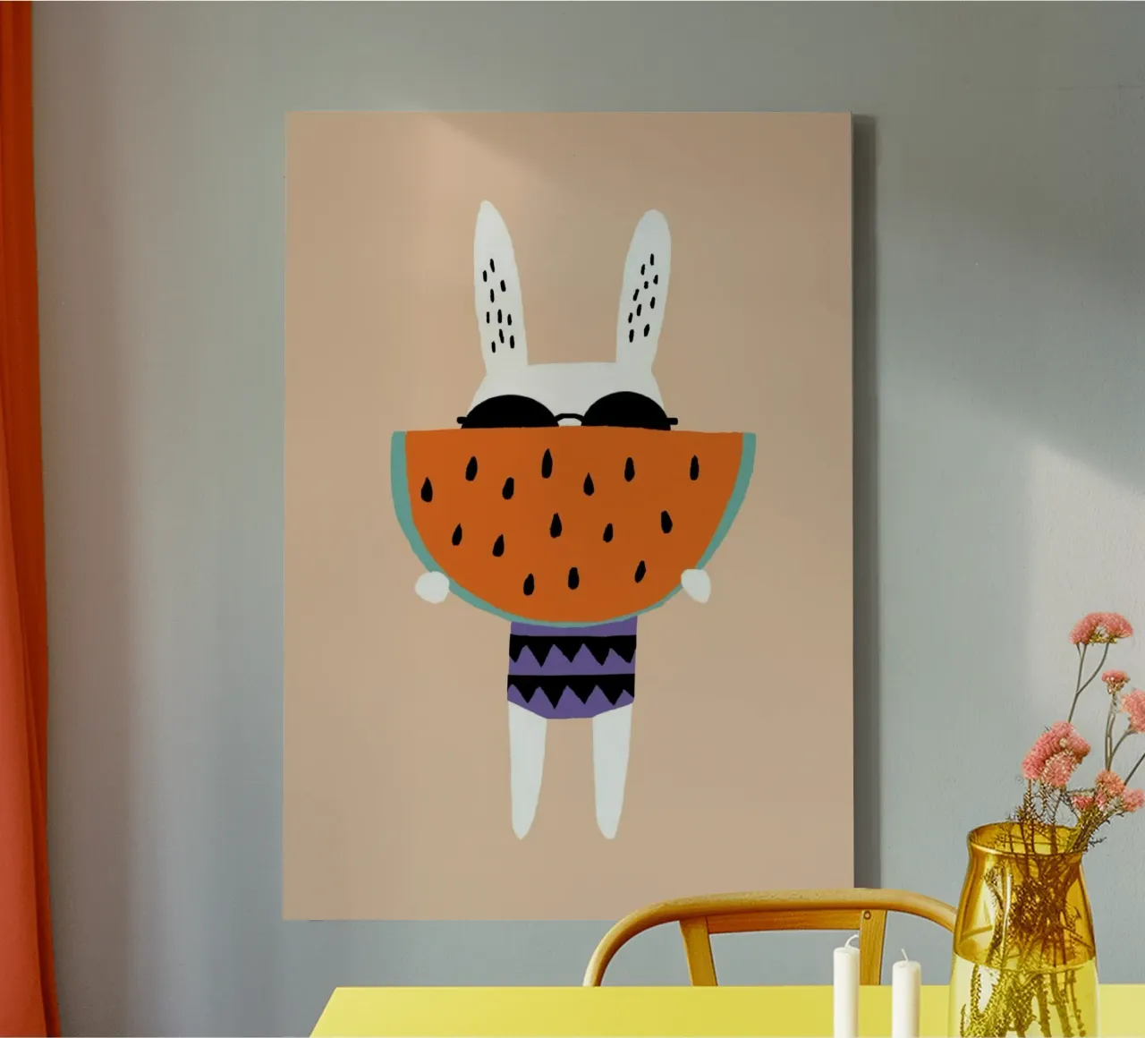rabbit with piece of watermelon canvas met Baklijst van firmana
