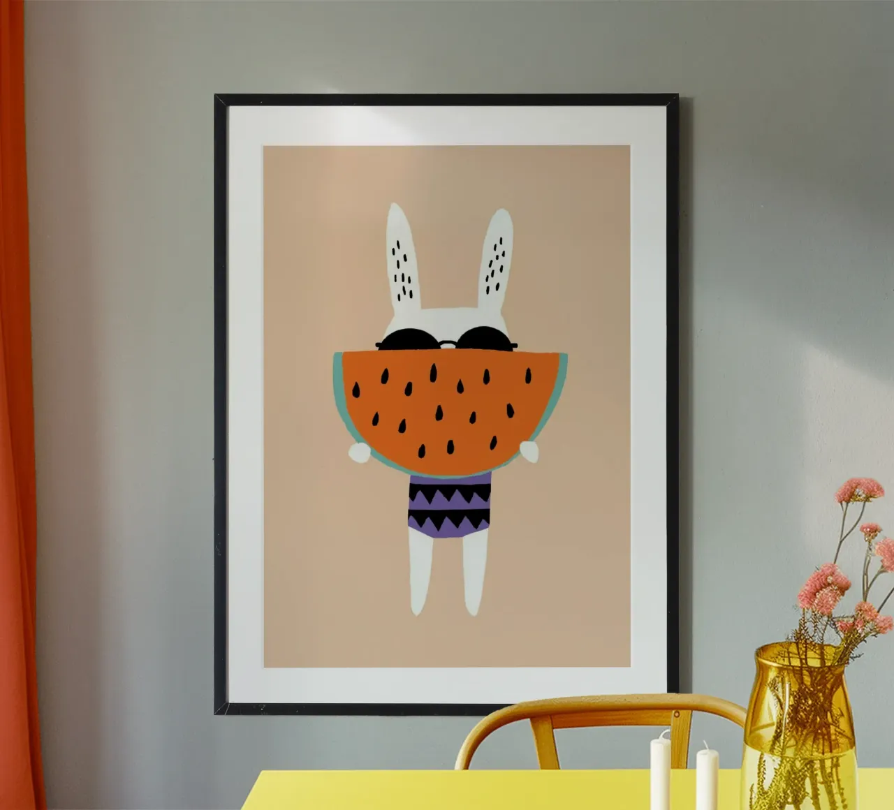 rabbit with piece of watermelon poster con telaio in plastica da firmana