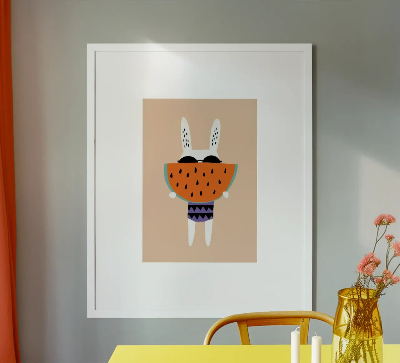 rabbit with piece of watermelon poster con telaio in plastica da firmana