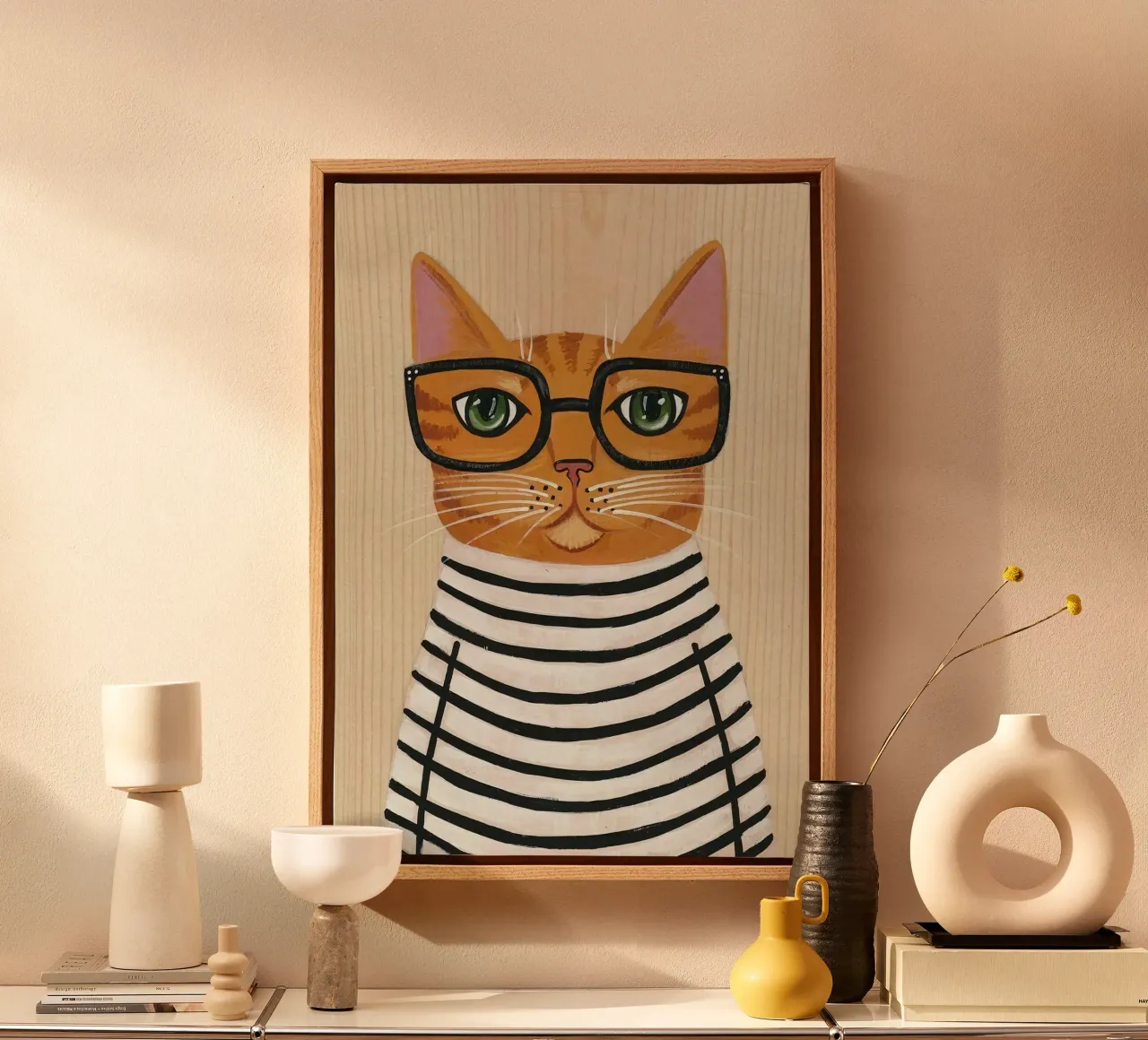cat in horizontal striped shirt canvas met Baklijst van sunity