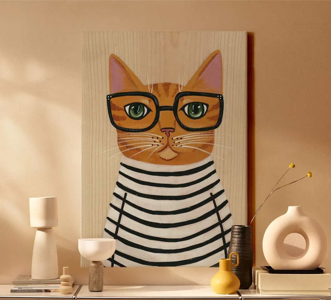 cat in horizontal striped shirt canvas met Baklijst van sunity