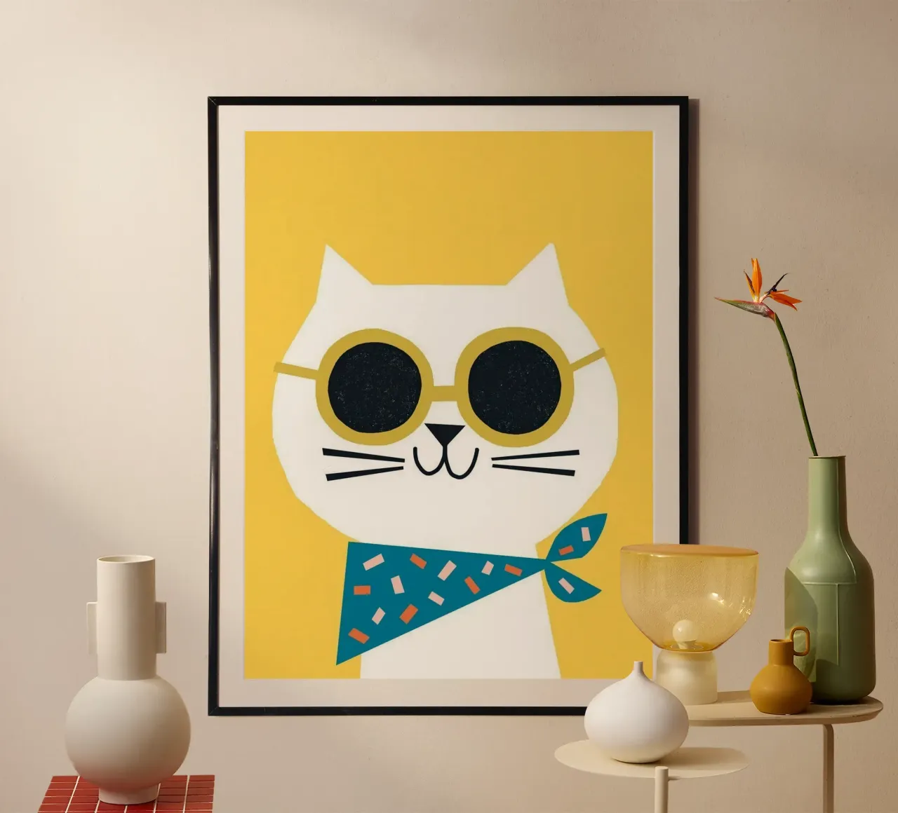cat playful in goodmood Poster mit Holzrahmen von firmana