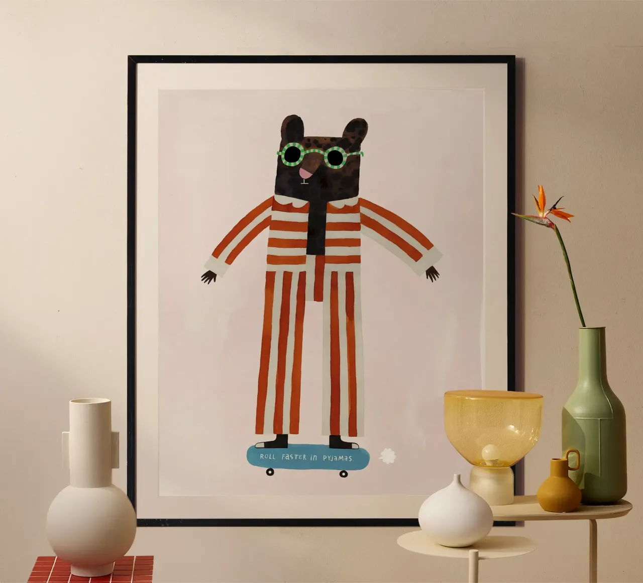 animal with striped shirt skating poster con telaio in legno da firmana