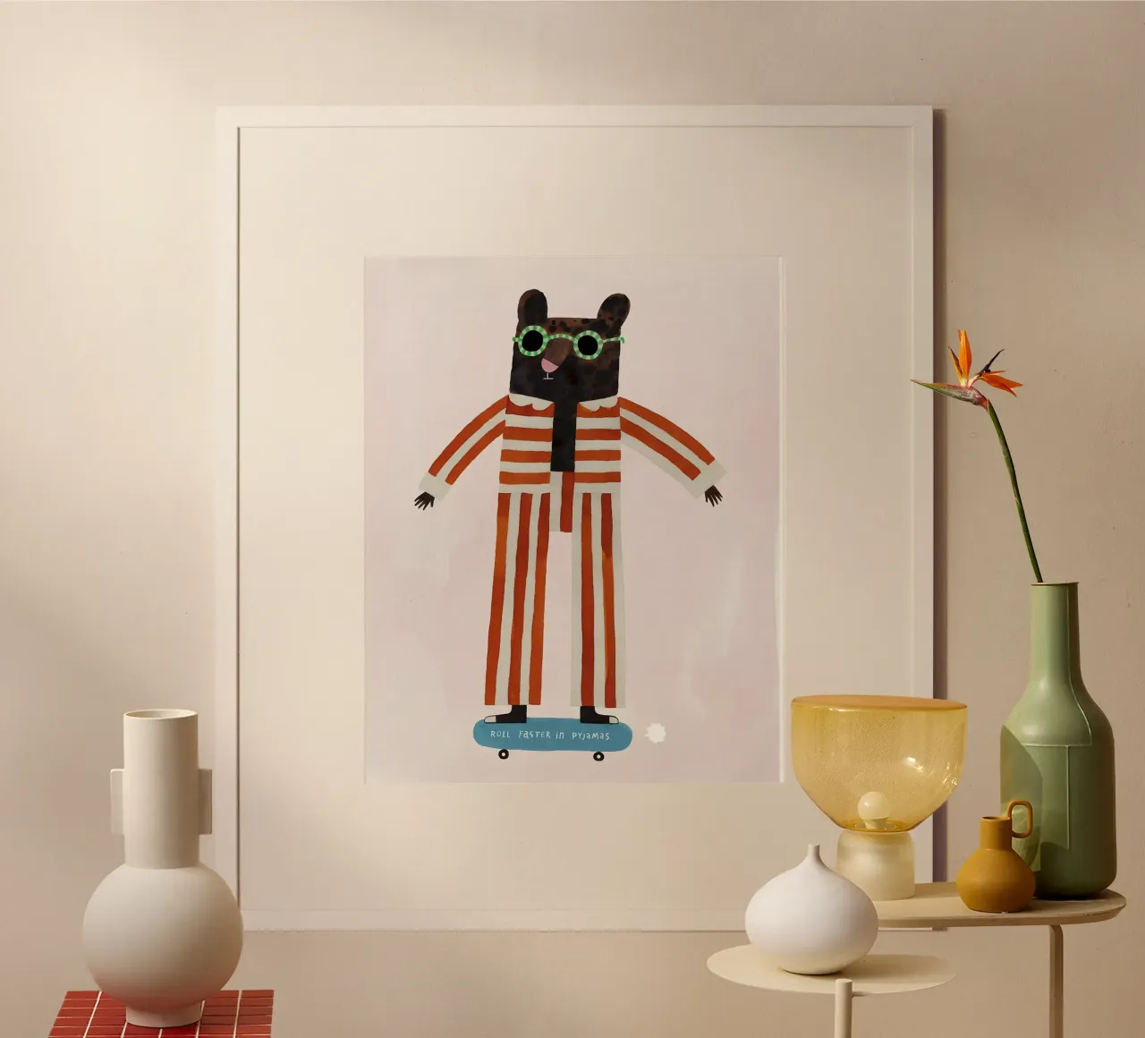 animal with striped shirt skating poster con telaio in legno da firmana