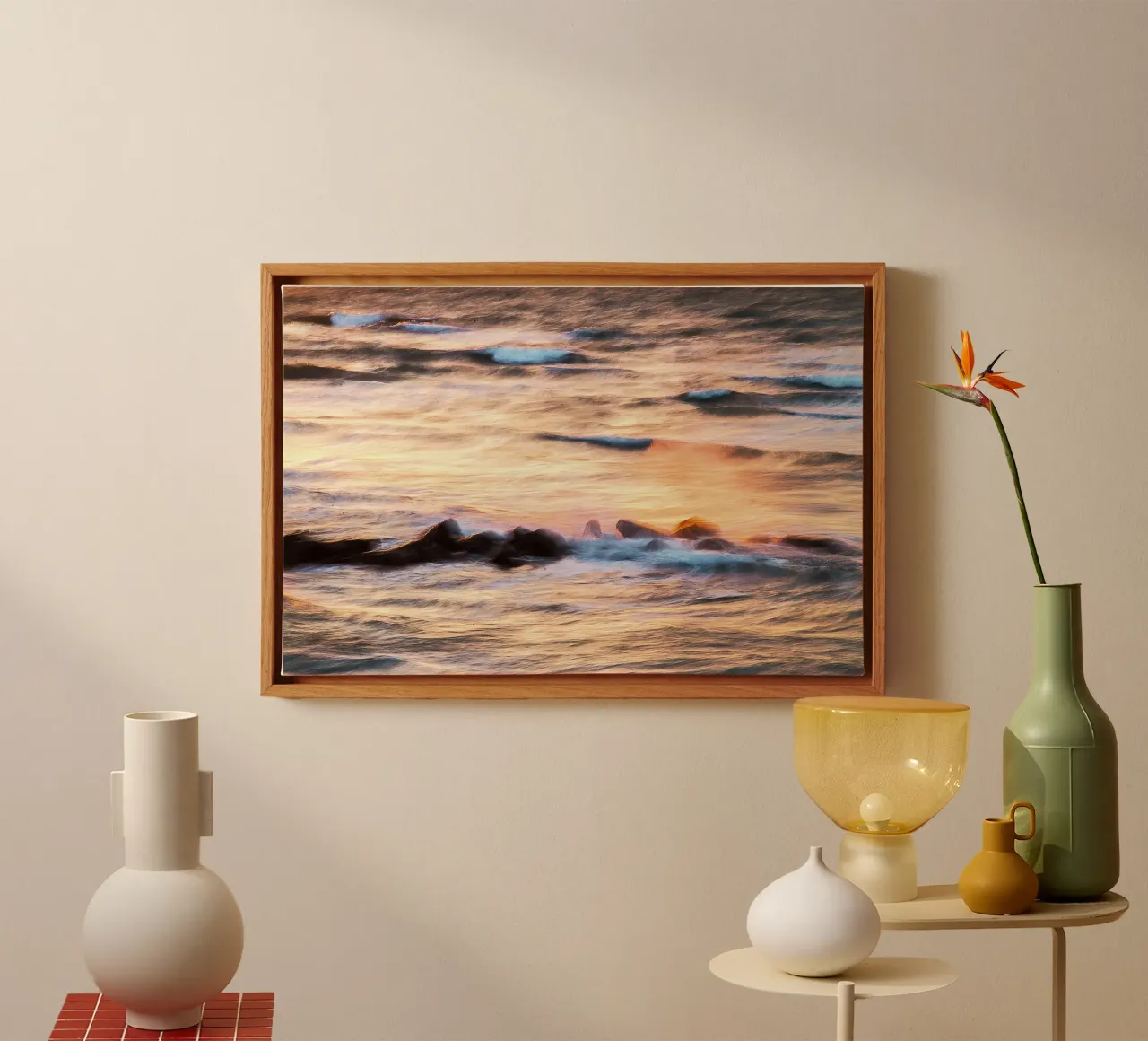 Veiled Waves by the Shore – Fine Art Print canvas with Floater frame by jay