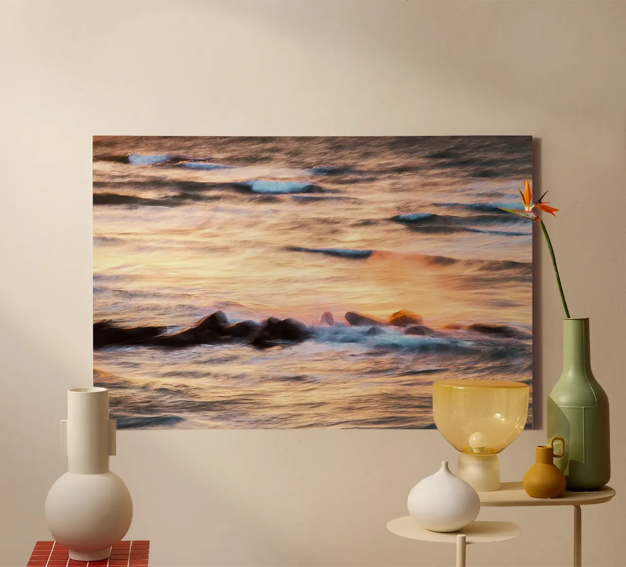 Veiled Waves by the Shore – Fine Art Print canvas with Floater frame by jay