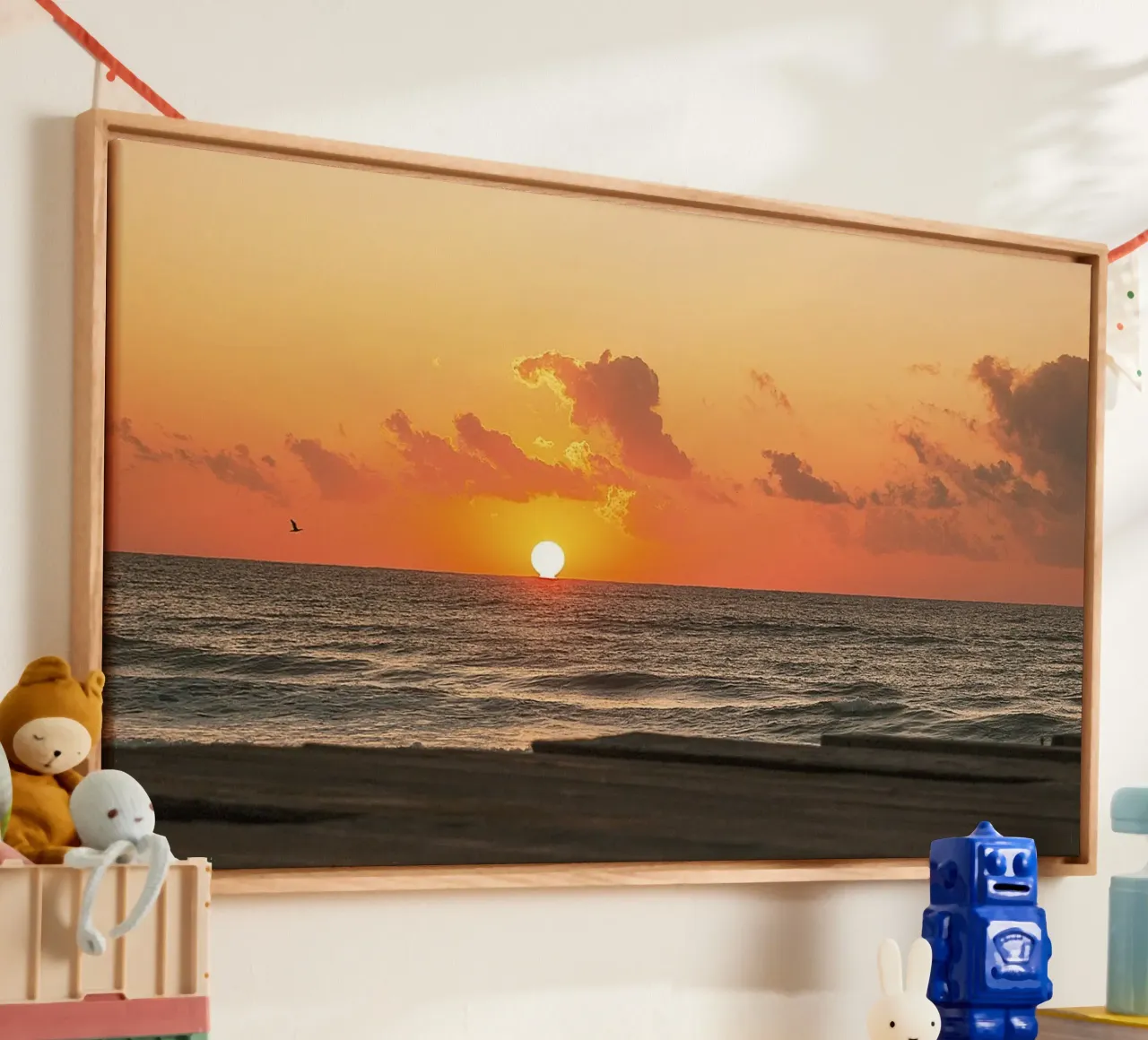 Zon die de horizon kust - Kunstdruk canvas met Baklijst van jay
