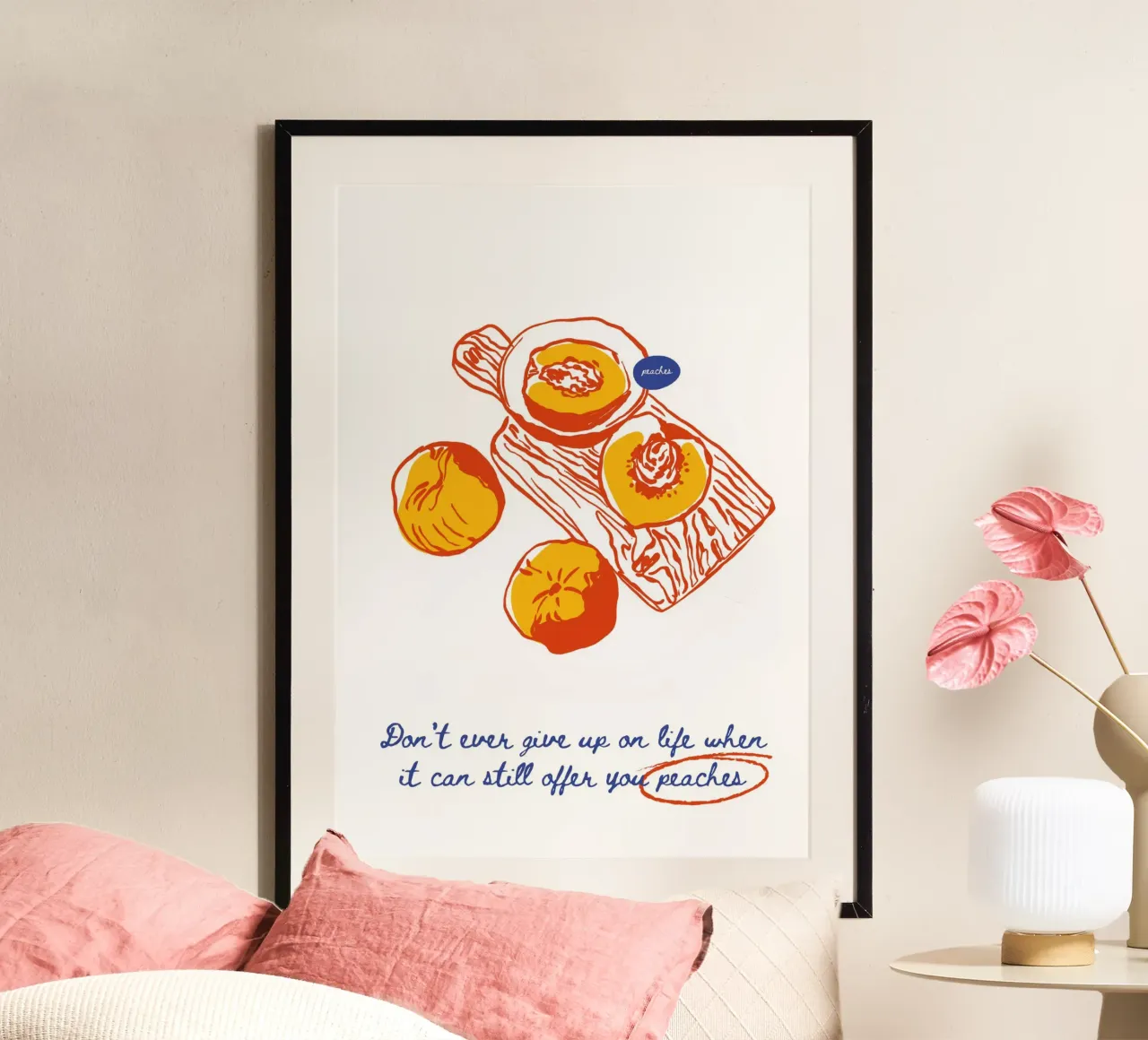 Boho Food 8 Peaches poster con telaio in legno da Boho Print Collection