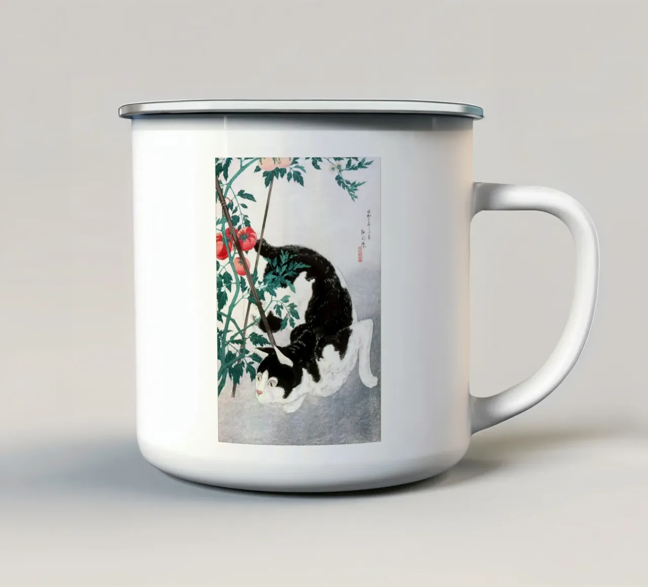 Cat with Tomato Plant tazza in smalto da vintageshop