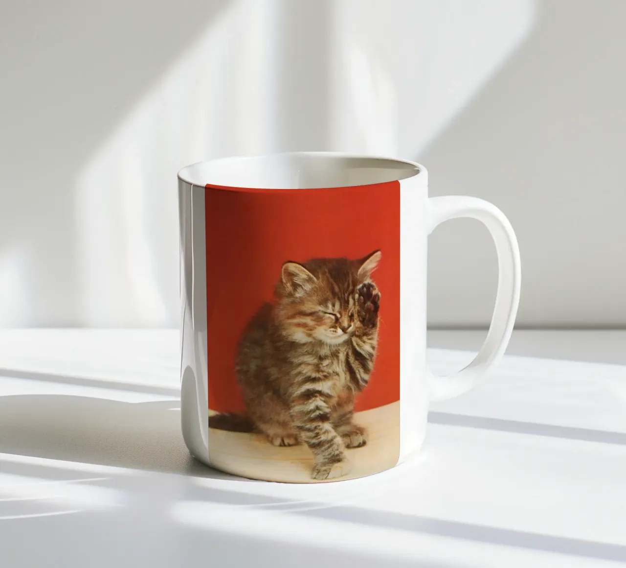 Cat with a paw up to its closed eyes tazza in ceramica da vintageshop