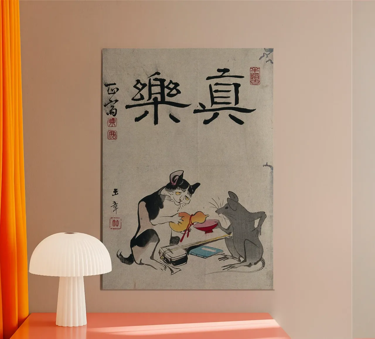 A cat and a rat sharing a cup of sake poster con telaio in legno da vintageshop