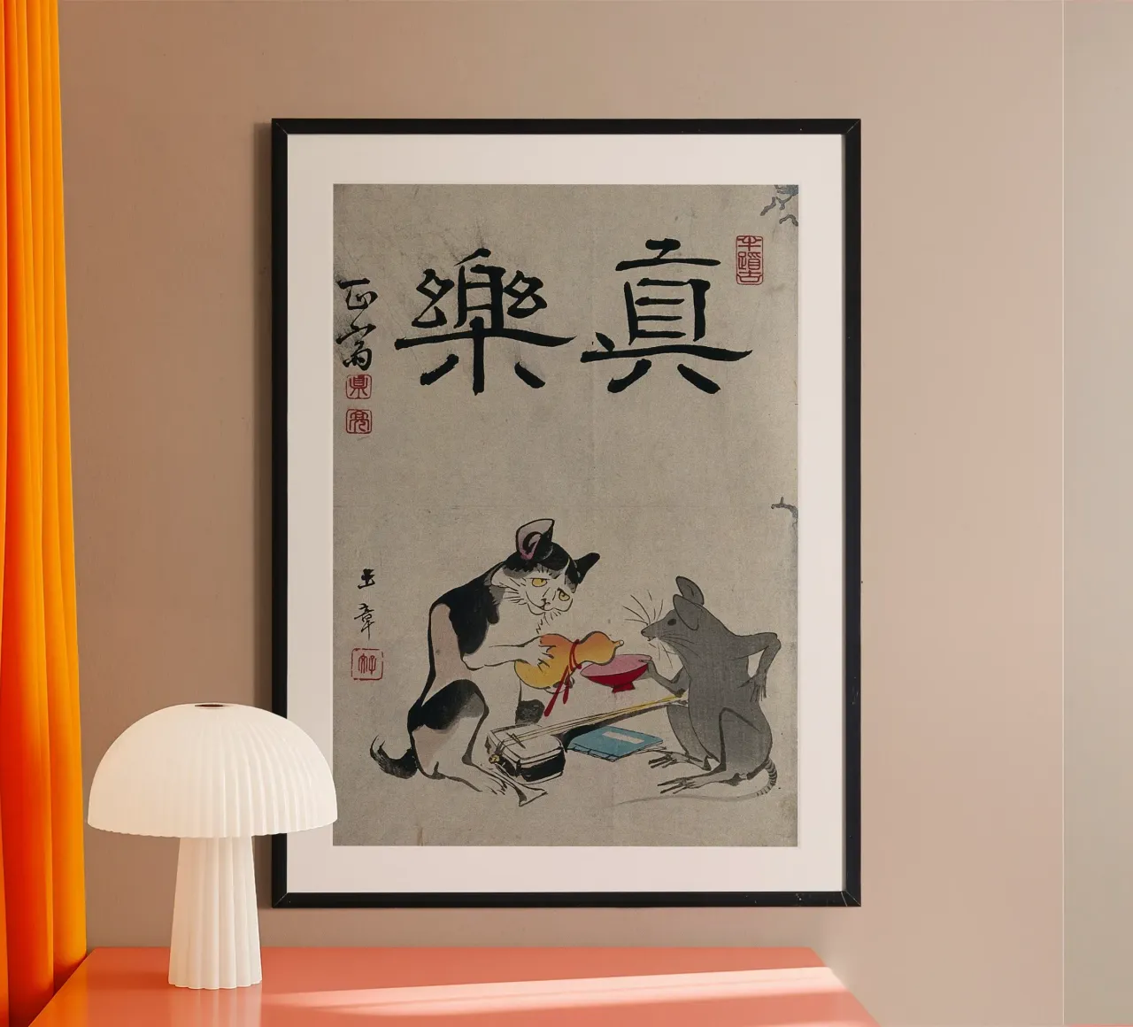 A cat and a rat sharing a cup of sake poster con telaio in legno da vintageshop