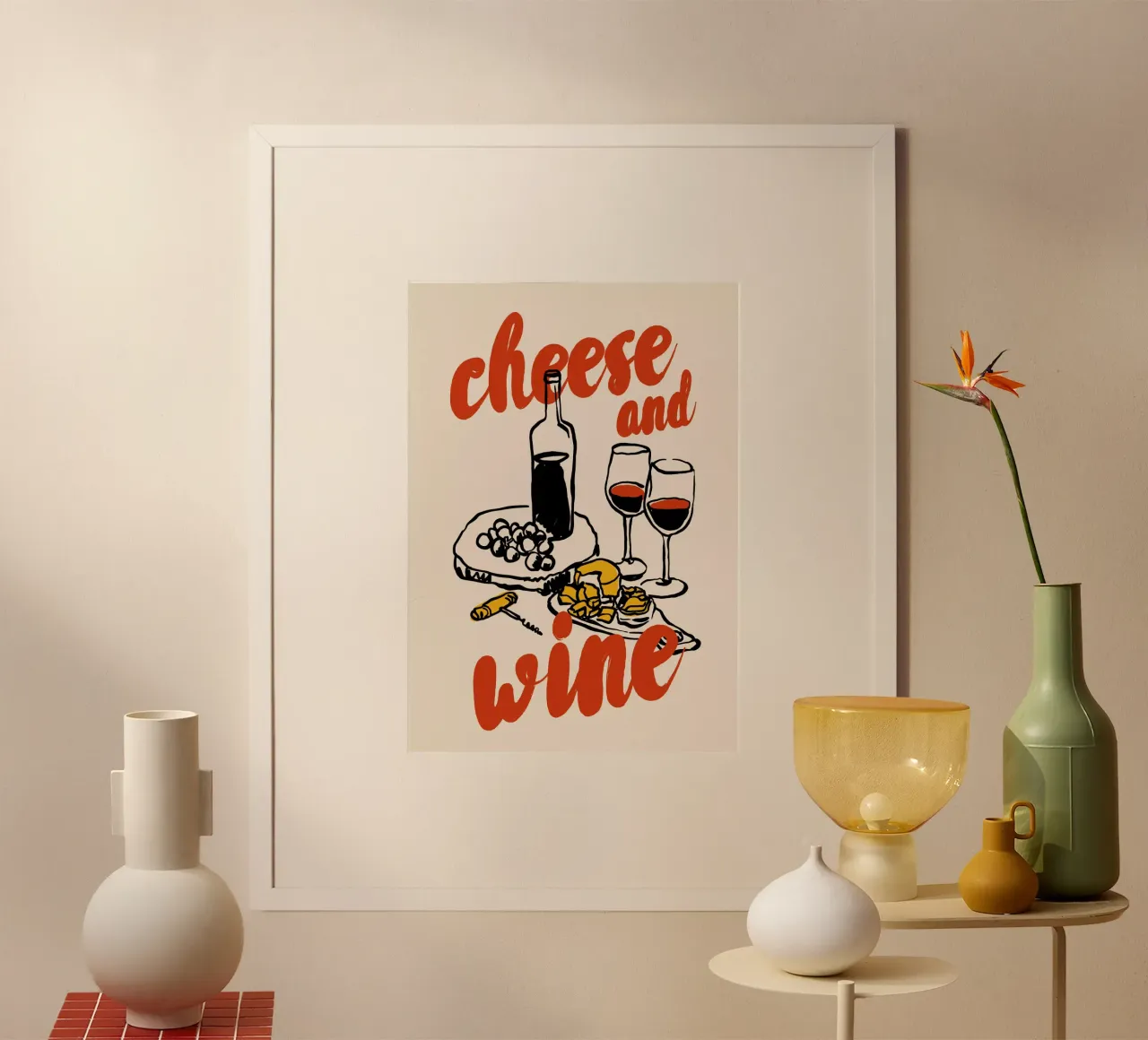 Boho Food 9 Cheese and Wine poster con telaio in legno da Boho Print Collection