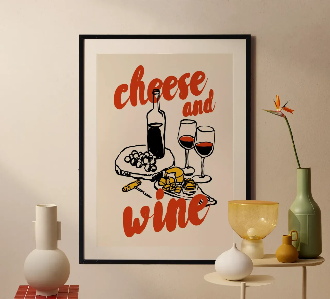 Boho Food 9 Cheese and Wine poster con telaio in legno da Boho Print Collection