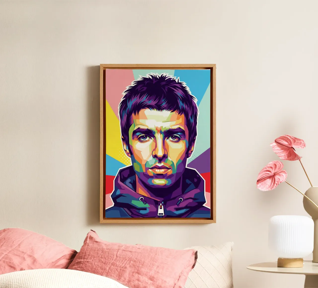 Retrato pop art de Liam Gallagher lienzo con Marco flotante de Hantamrata