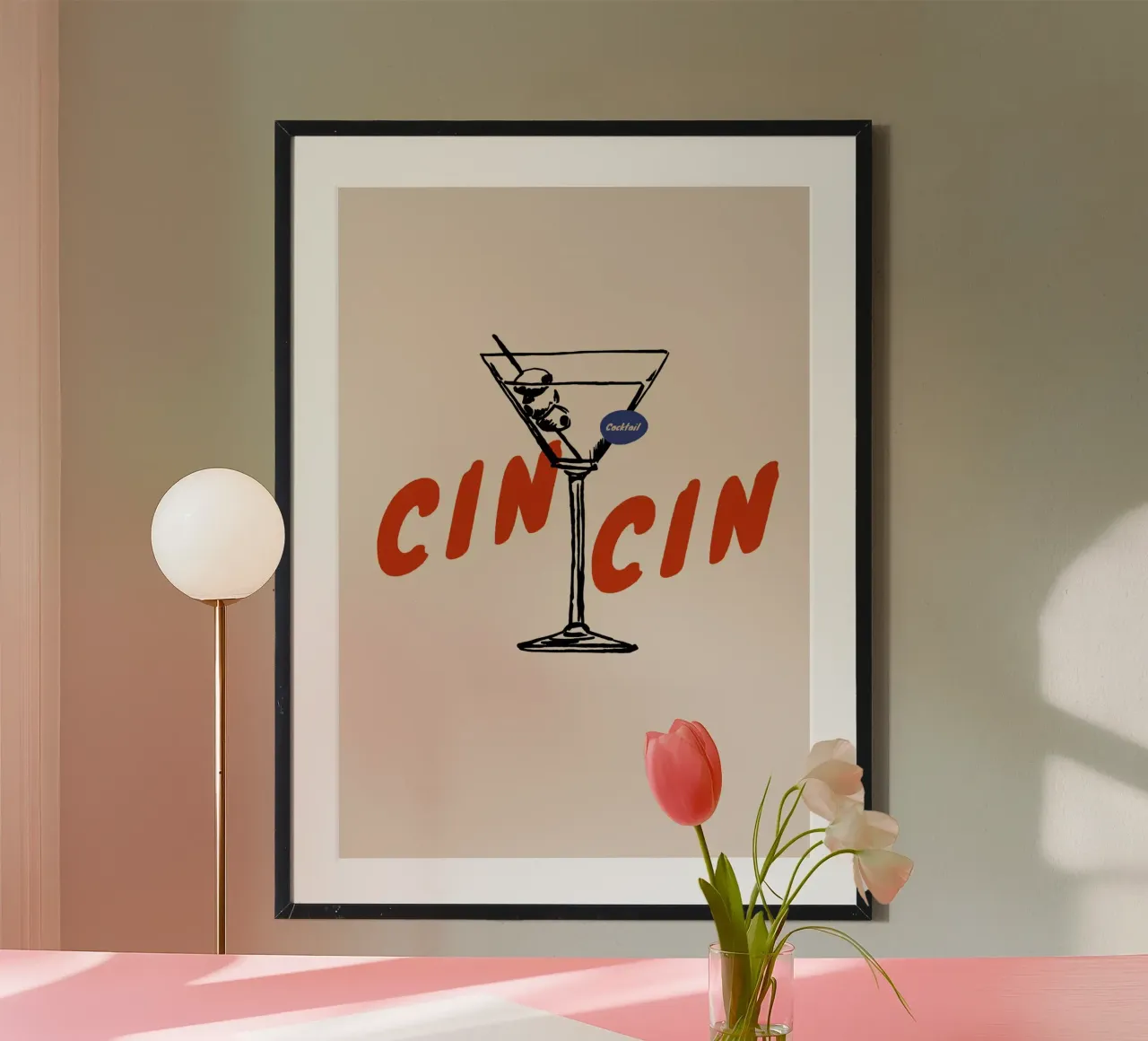 Boho Food 9 Cin Cin Cocktail poster con telaio in legno da Boho Print Collection