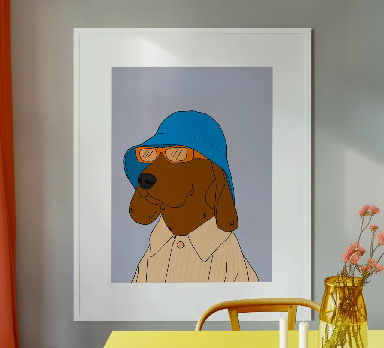 dog cool in blue hat poster con telaio in alluminio da comura