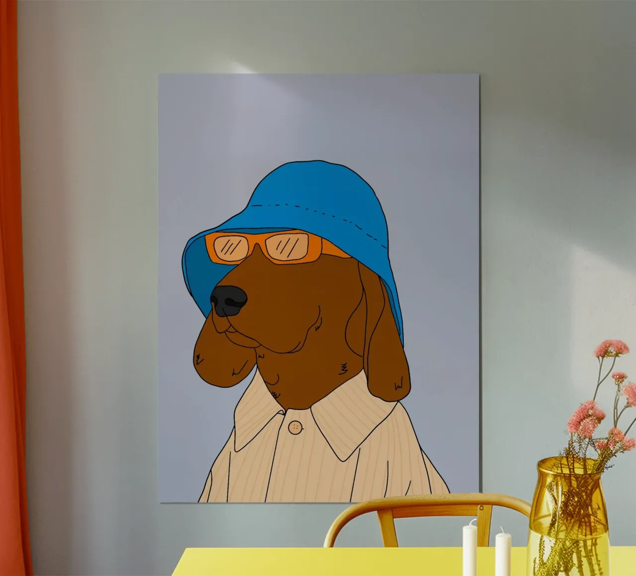 dog cool in blue hat poster con telaio in alluminio da comura