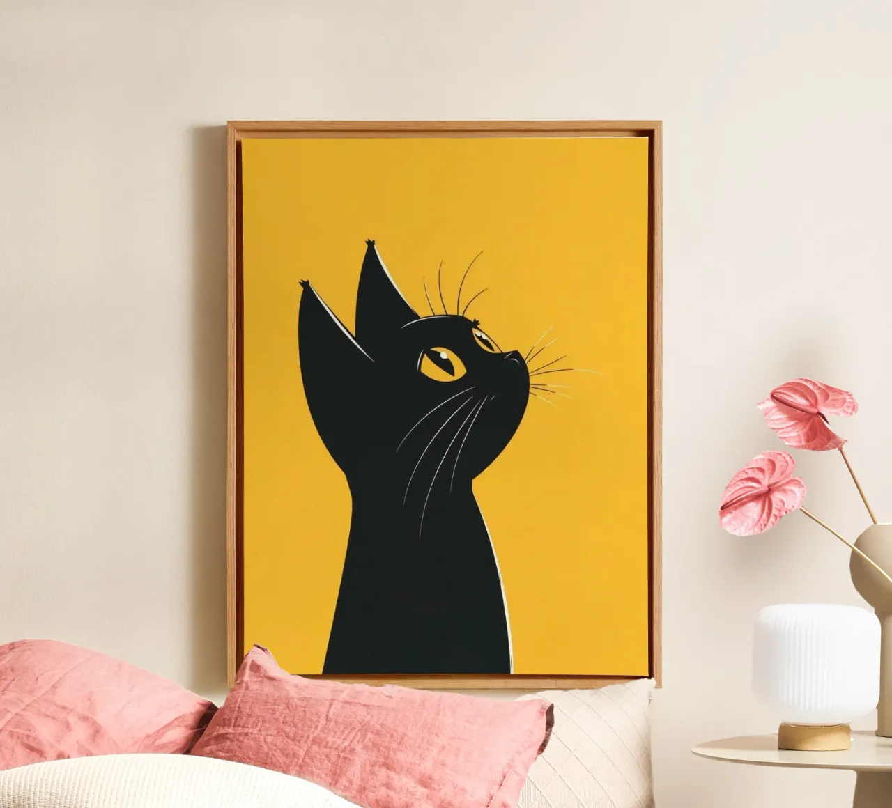 black cat in yellow background tela con Cornice a cassetta da Josum