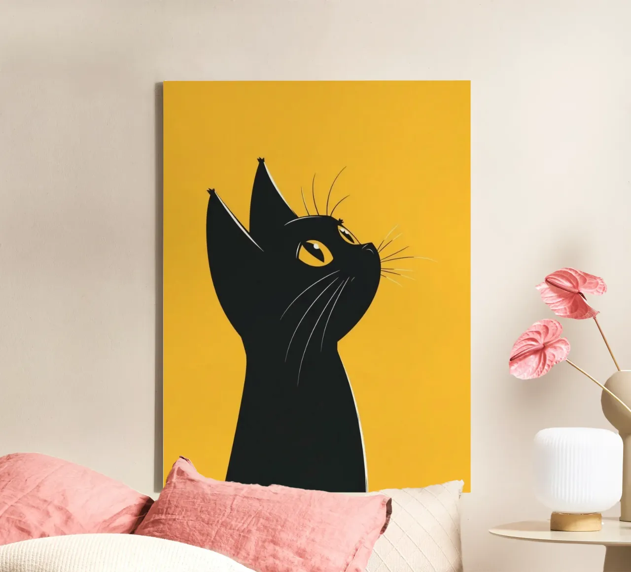 black cat in yellow background tela con Cornice a cassetta da Josum