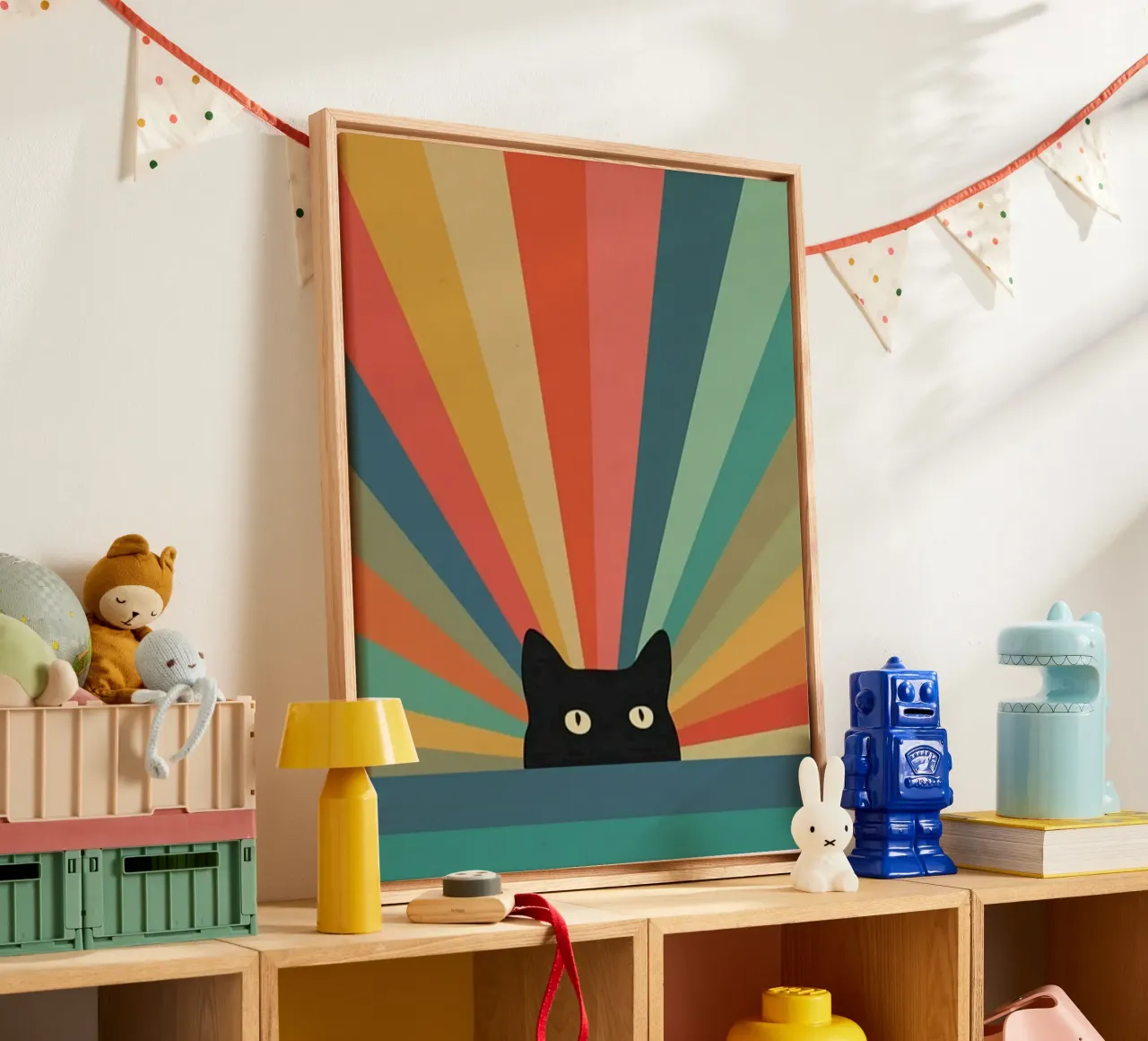 black cat in colorful shade tela da comura