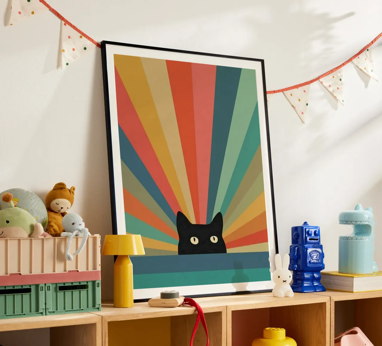 black cat in colorful shade poster con telaio in plastica da comura