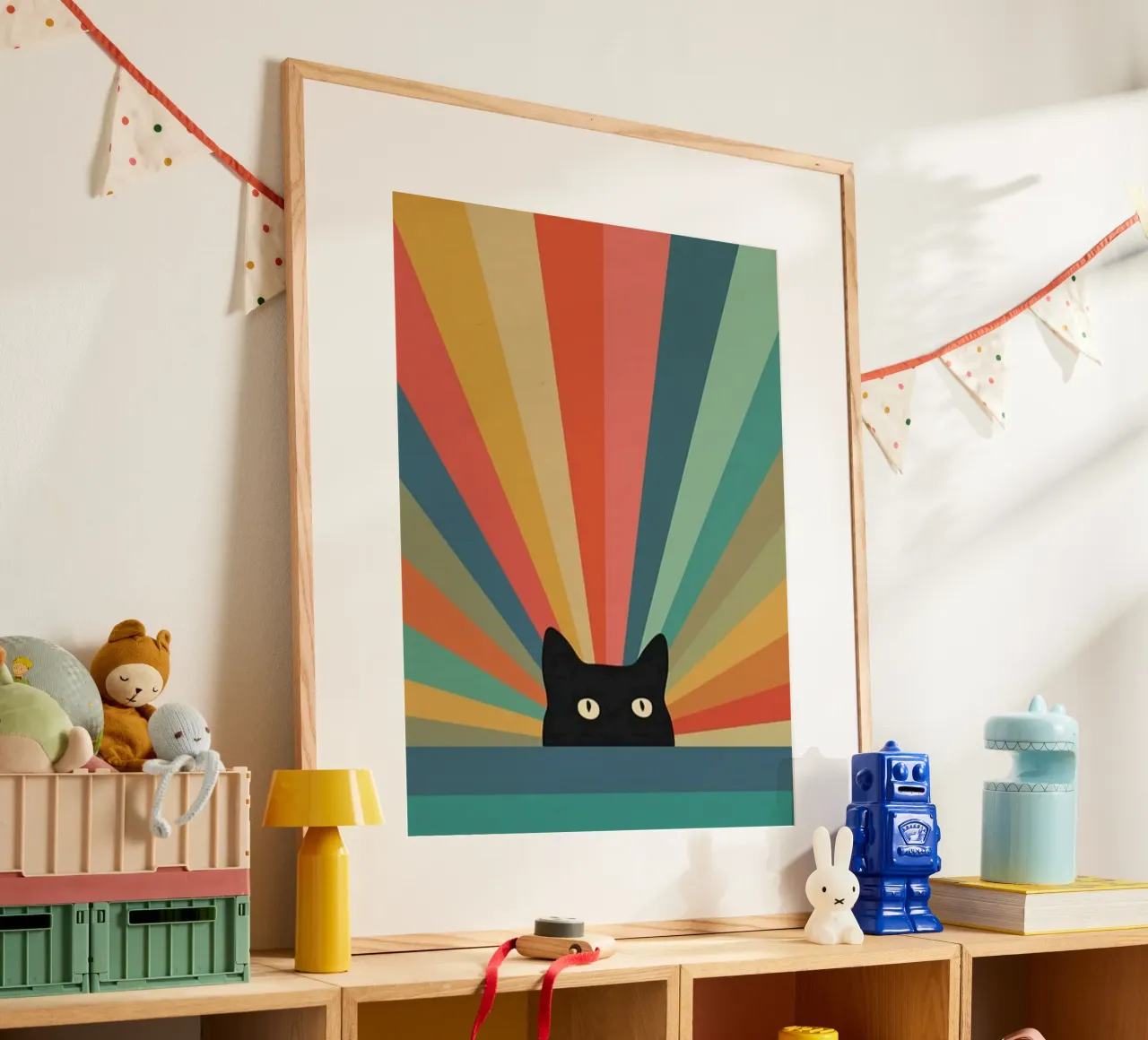 black cat in colorful shade poster con telaio in plastica da comura