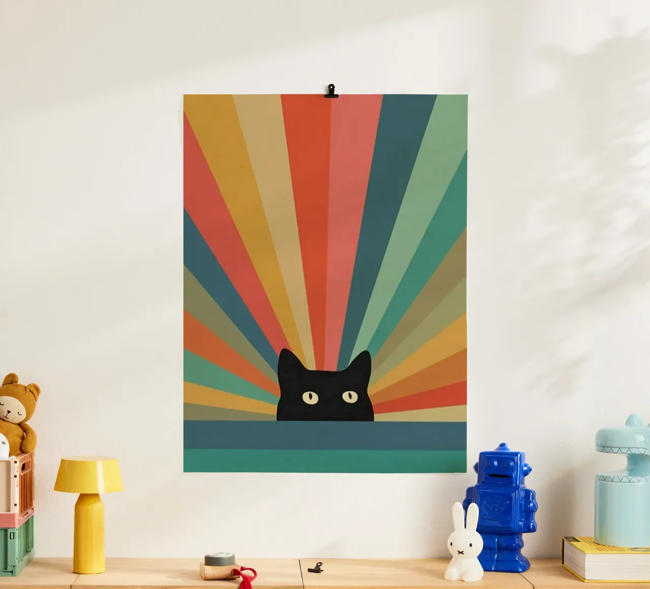 black cat in colorful shade poster con telaio in plastica da comura