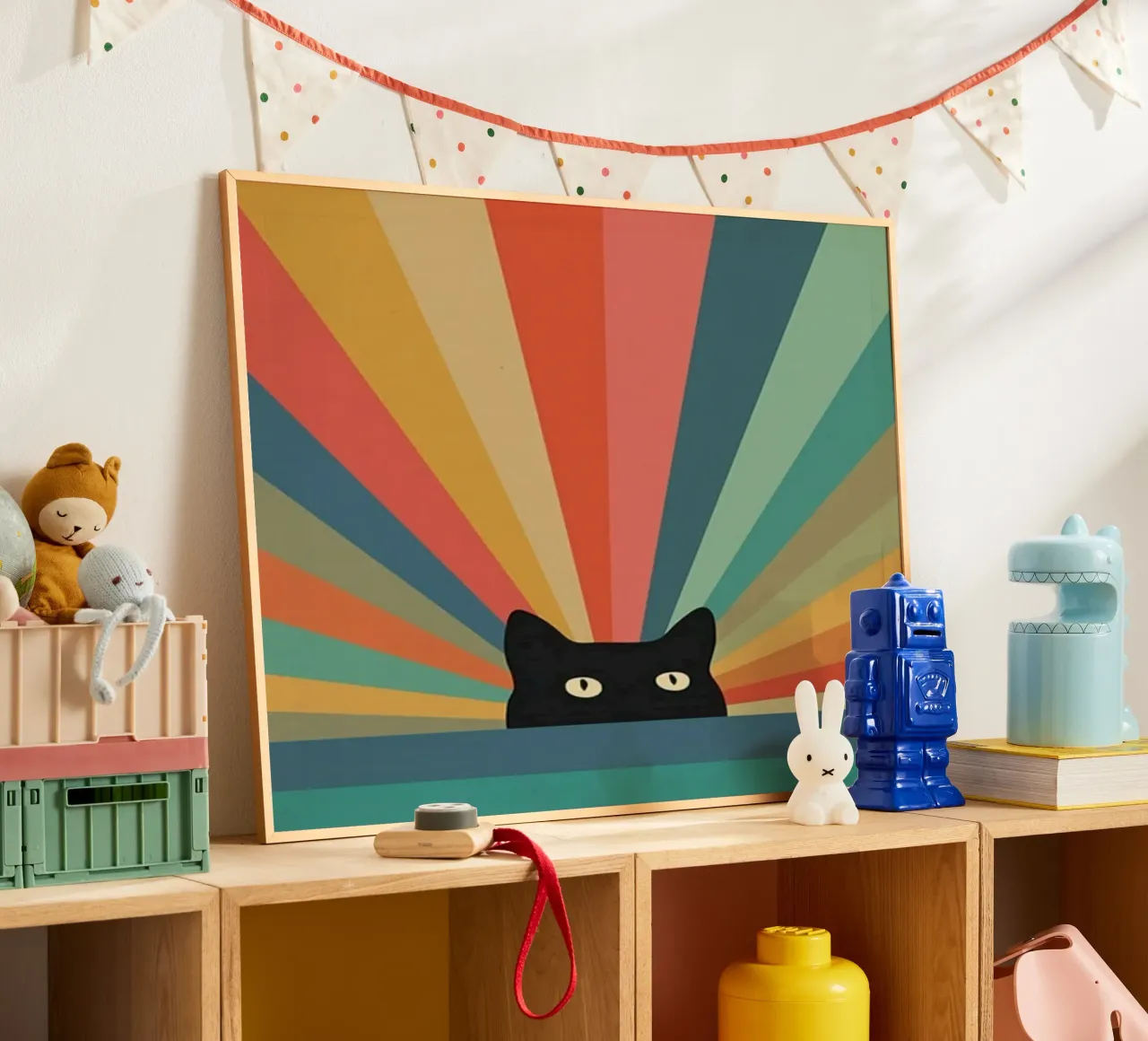 black cat in colorful shade poster con telaio in plastica da comura