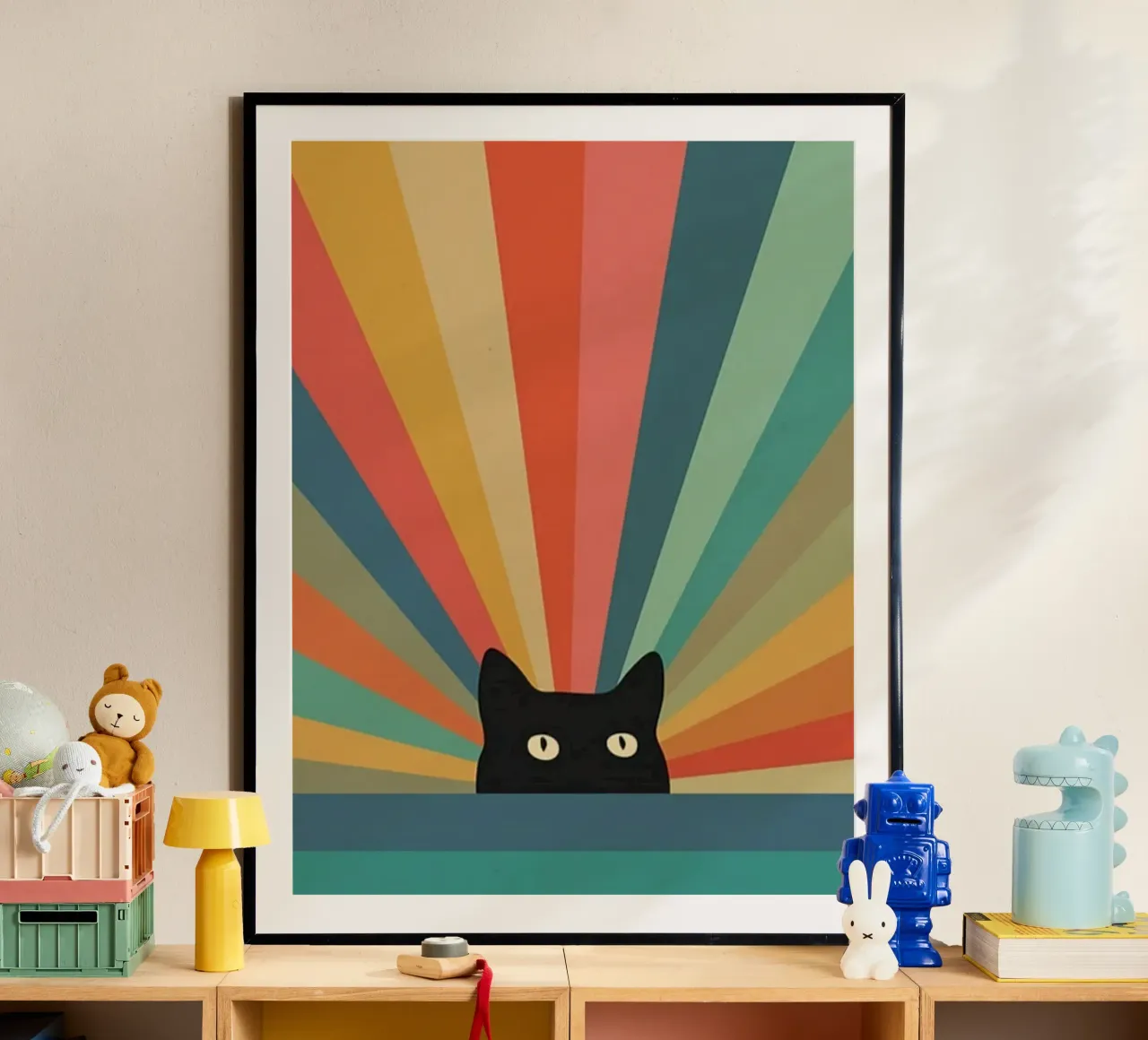 black cat in colorful shade poster con telaio in plastica da comura