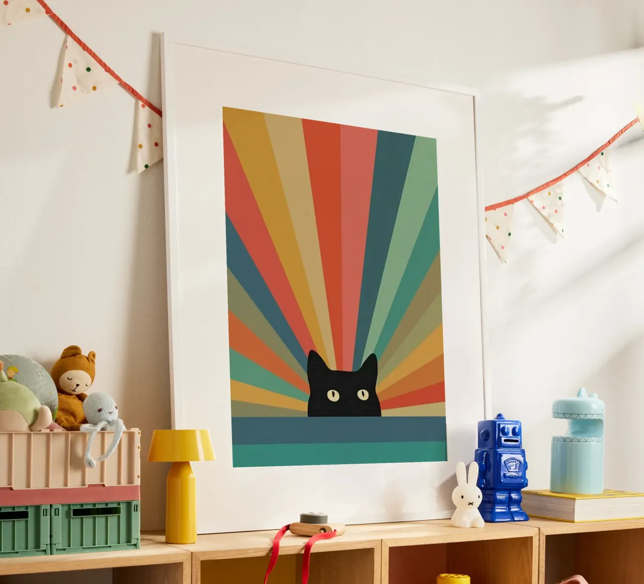 black cat in colorful shade poster con telaio in plastica da comura