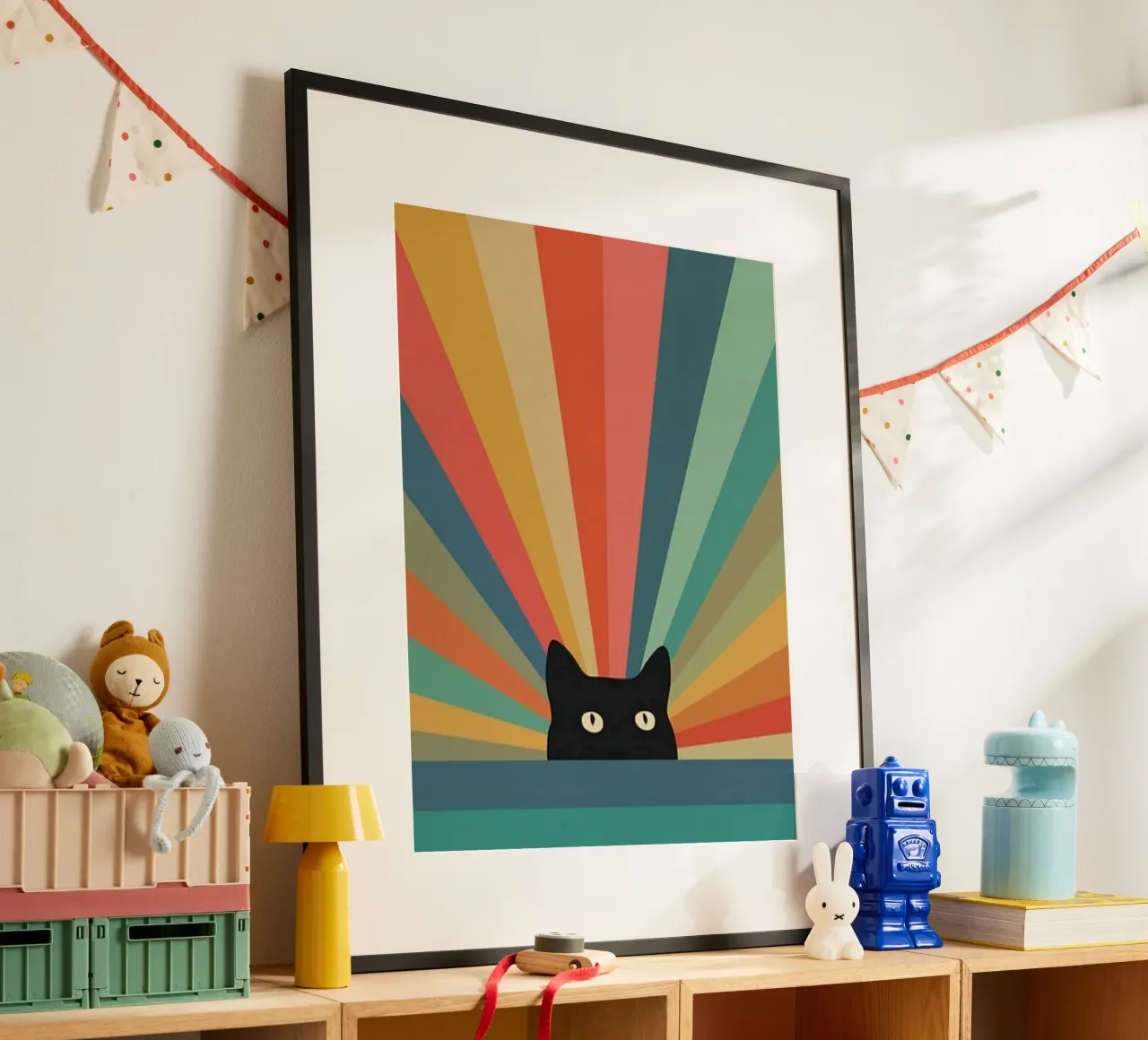 black cat in colorful shade poster con telaio in plastica da comura