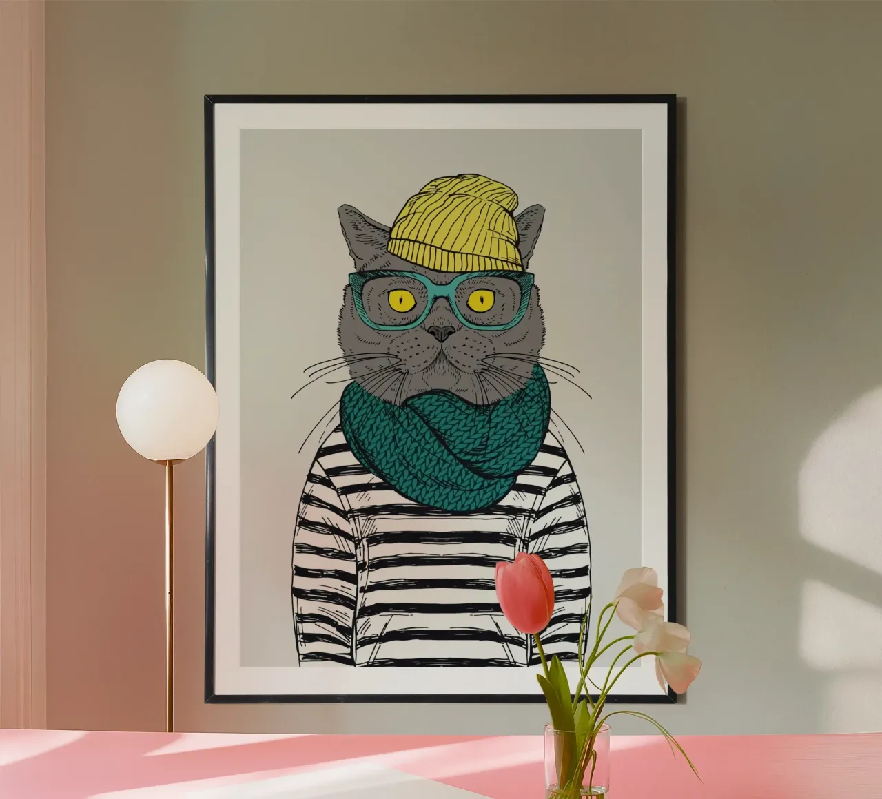 cute cat with striped shirt poster con telaio in alluminio da comura