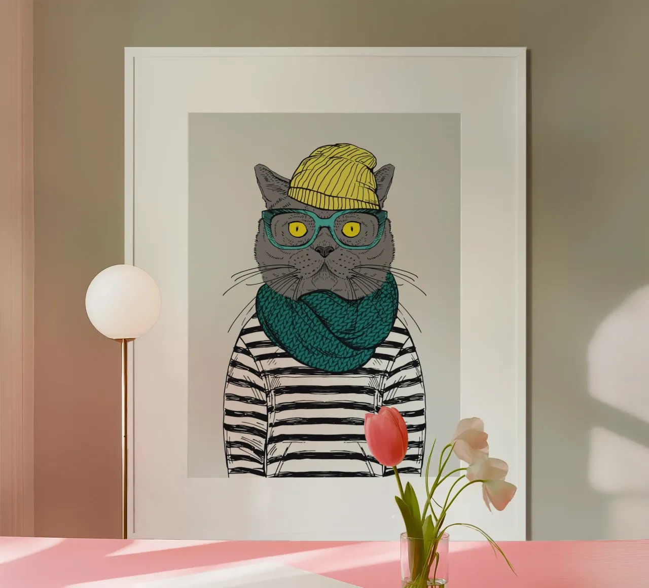 cute cat with striped shirt poster con telaio in alluminio da comura