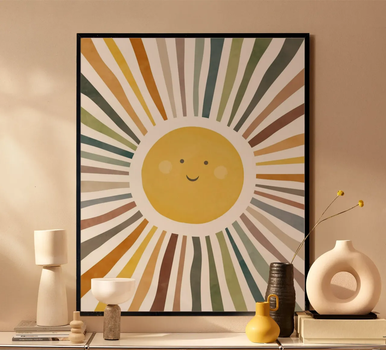 sun shine line colorful poster con telaio in legno da comura