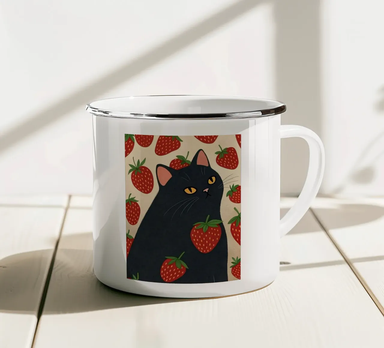 cat with strawberry shape tazza in smalto da comura